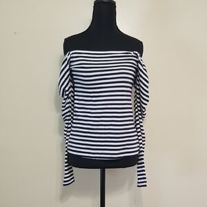 Boden Women's Navy & White Basic Striped Off-Shoulder Cotton Long Sleeve Top - 6